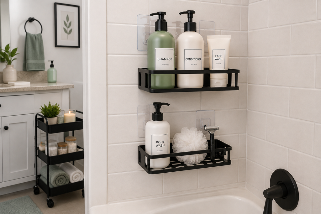 Adhesive shower shelves on smooth tile for renter-friendly bathroom storage without drilling