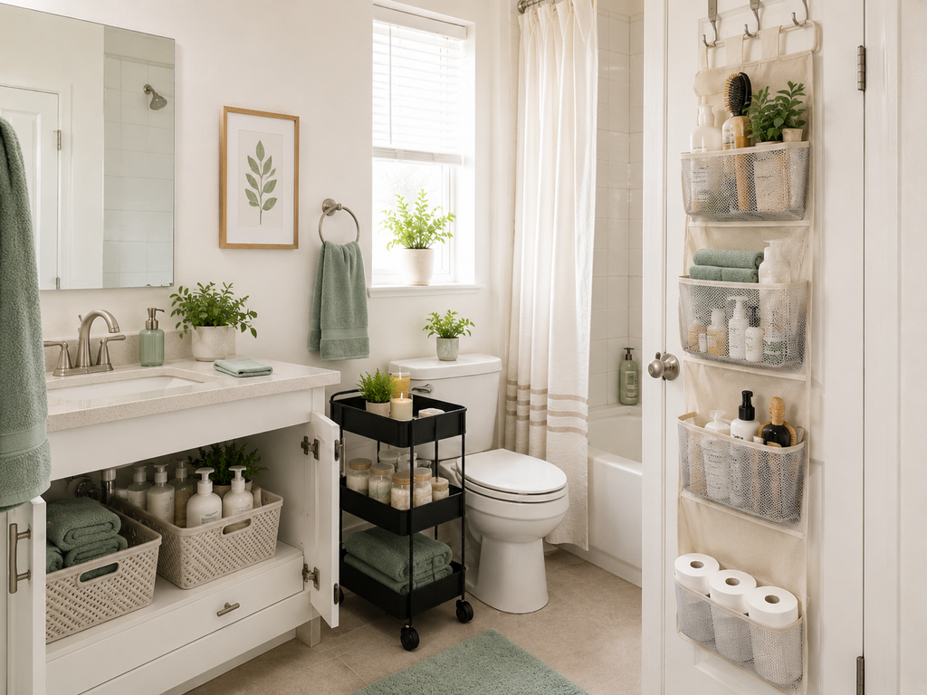 Under-sink baskets and a slim rolling cart providing renter-friendly bathroom storage without drilling