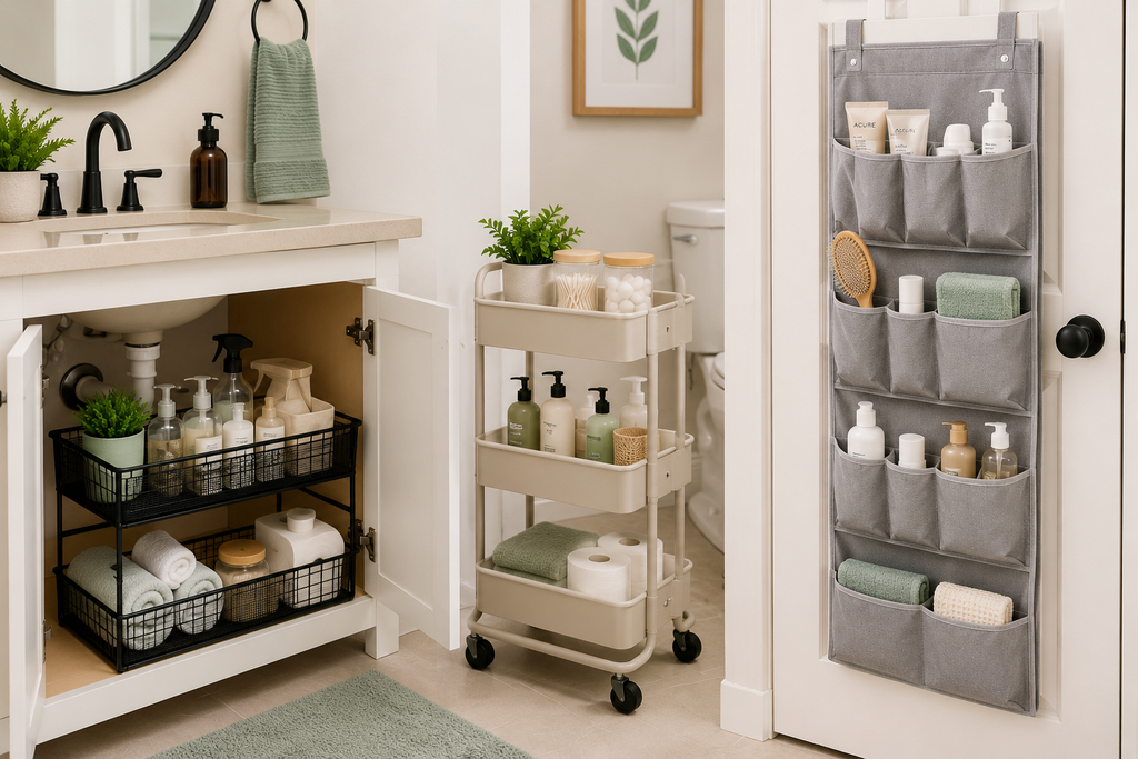 Over-the-door bathroom organizer with towels and toiletries for renter-friendly no-drill storage
