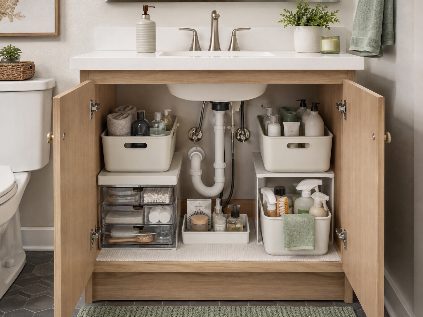 How to organize under a bathroom sink with removable bins and storage around plumbing