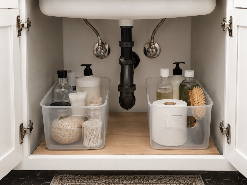 Bathroom cleaning supplies stored in a removable bin under the sink