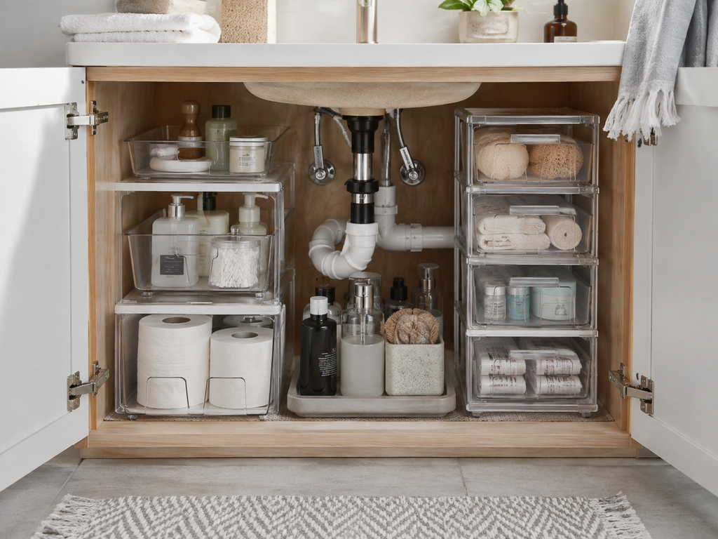 Clear pull-out bins and drawers organized around bathroom sink plumbing