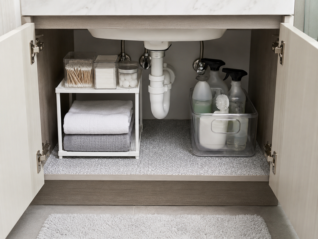 Clear storage bins arranged on each side of bathroom sink plumbing