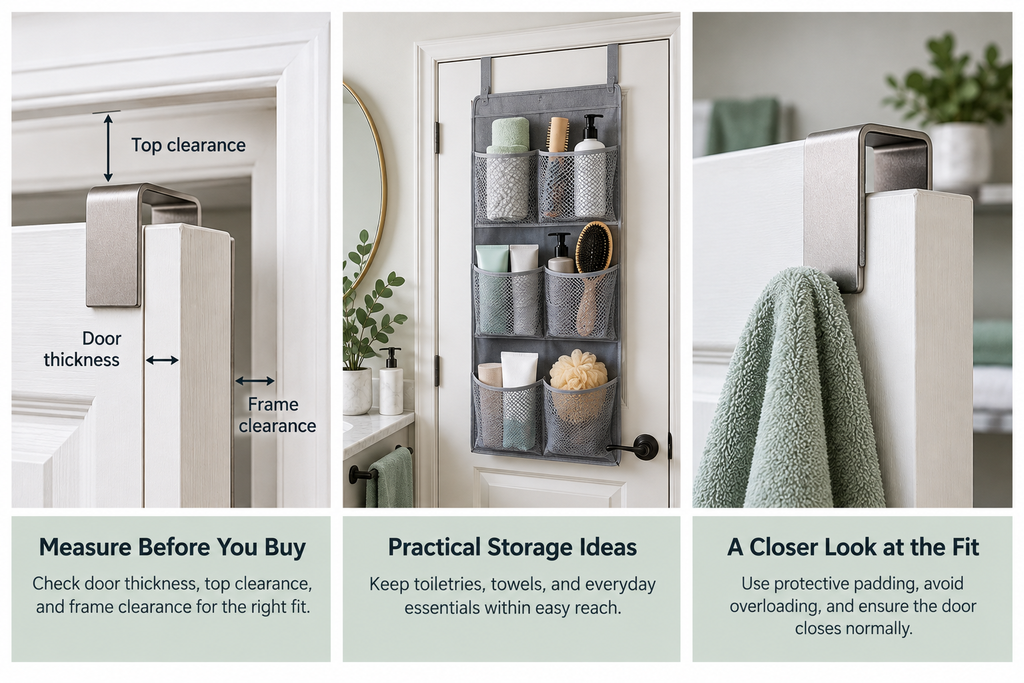 Over-the-door bathroom storage guide showing door thickness, top clearance, frame clearance, organizer fit, and protective padding
