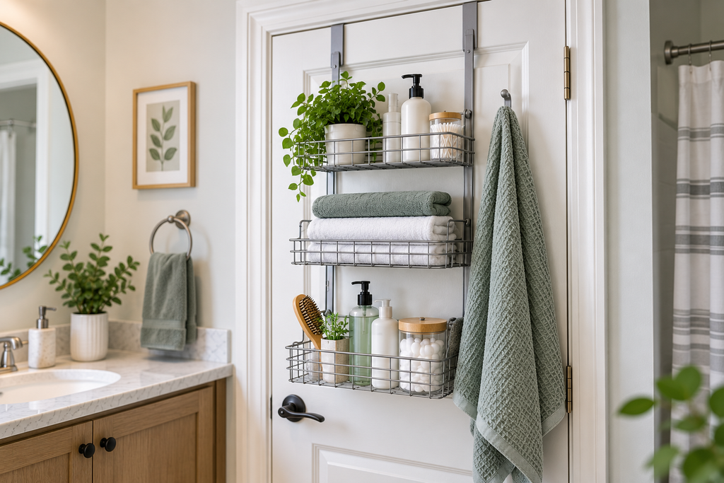 Over-the-door bathroom storage organizer with baskets, towels, and toiletries in a small renter-friendly bathroom