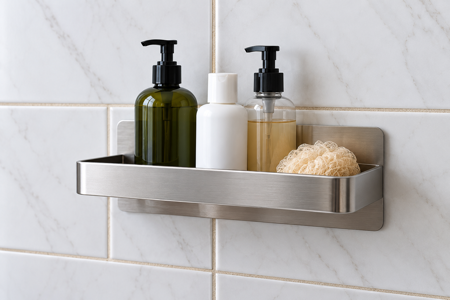 Adhesive shower shelf over grout lines on a tiled bathroom wall
