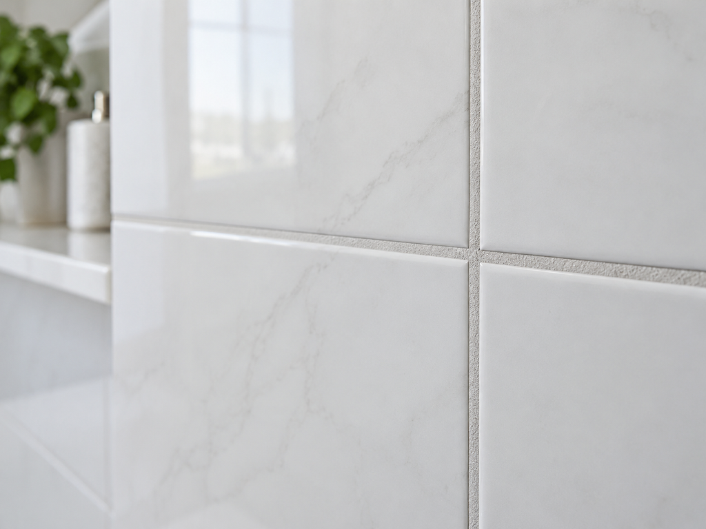 Close-up of bathroom tile with a recessed grout line between smooth tile surfaces