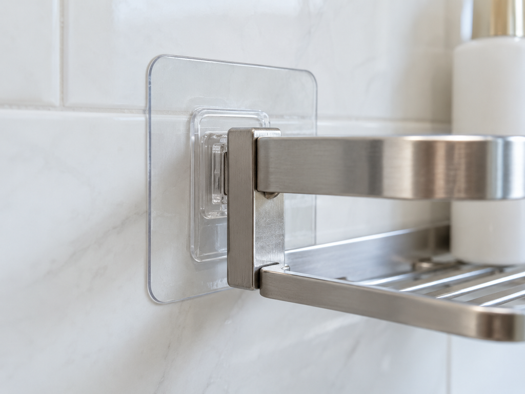 Back of an adhesive shower shelf showing mounting pads and mounting plate