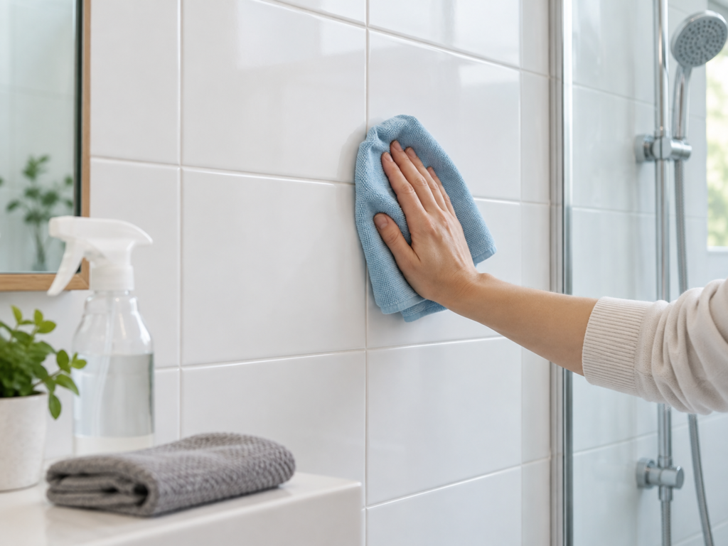 Hand cleaning smooth bathroom tile before installing an adhesive shower shelf