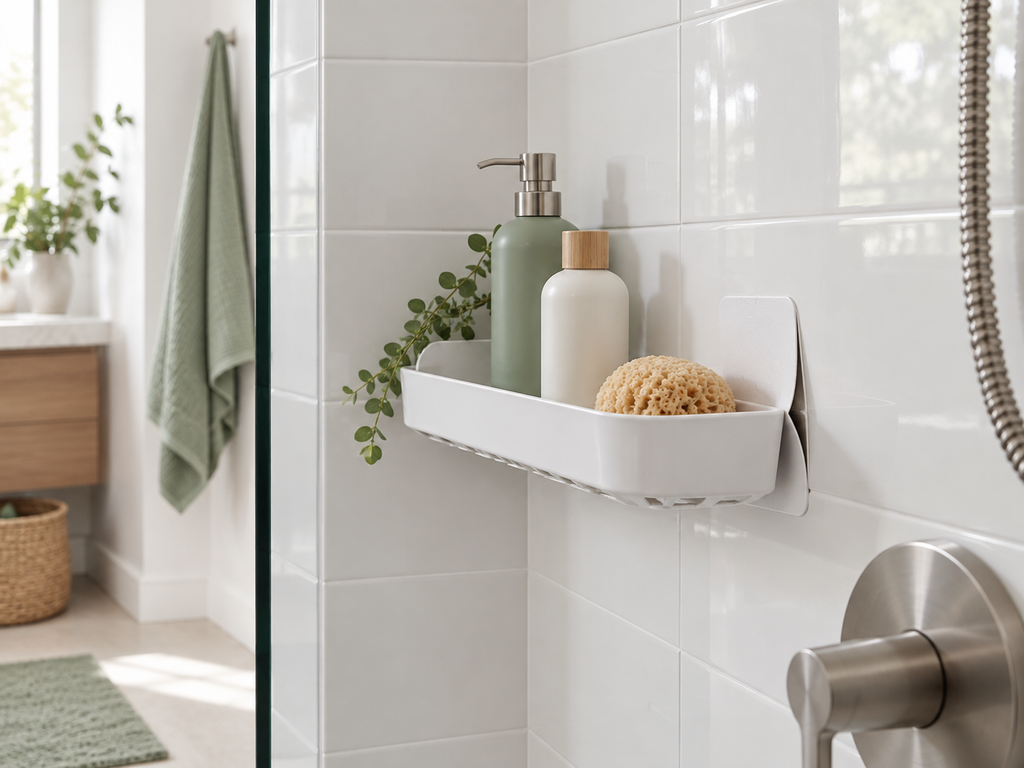Adhesive shower shelf with mounting pad lifting slightly away from bathroom tile