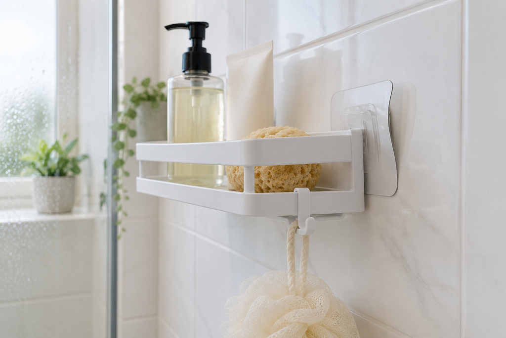 Adhesive shower shelf mounting pad positioned near a recessed grout line