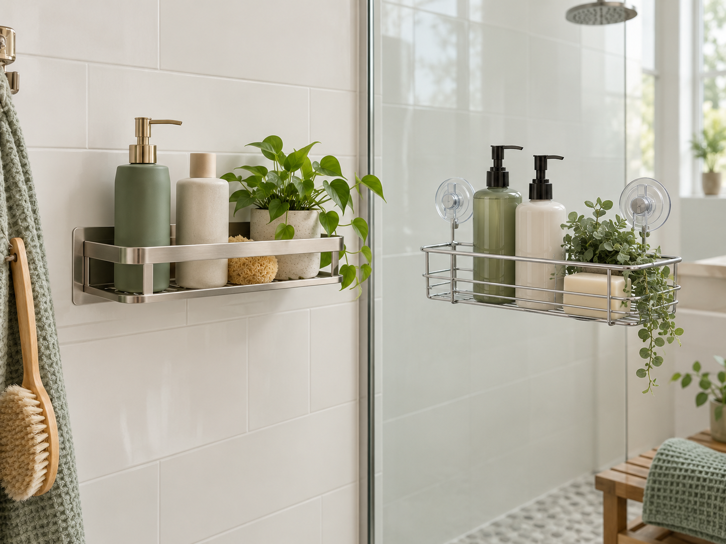 Adhesive vs suction shower shelves shown side by side in a renter-friendly bathroom