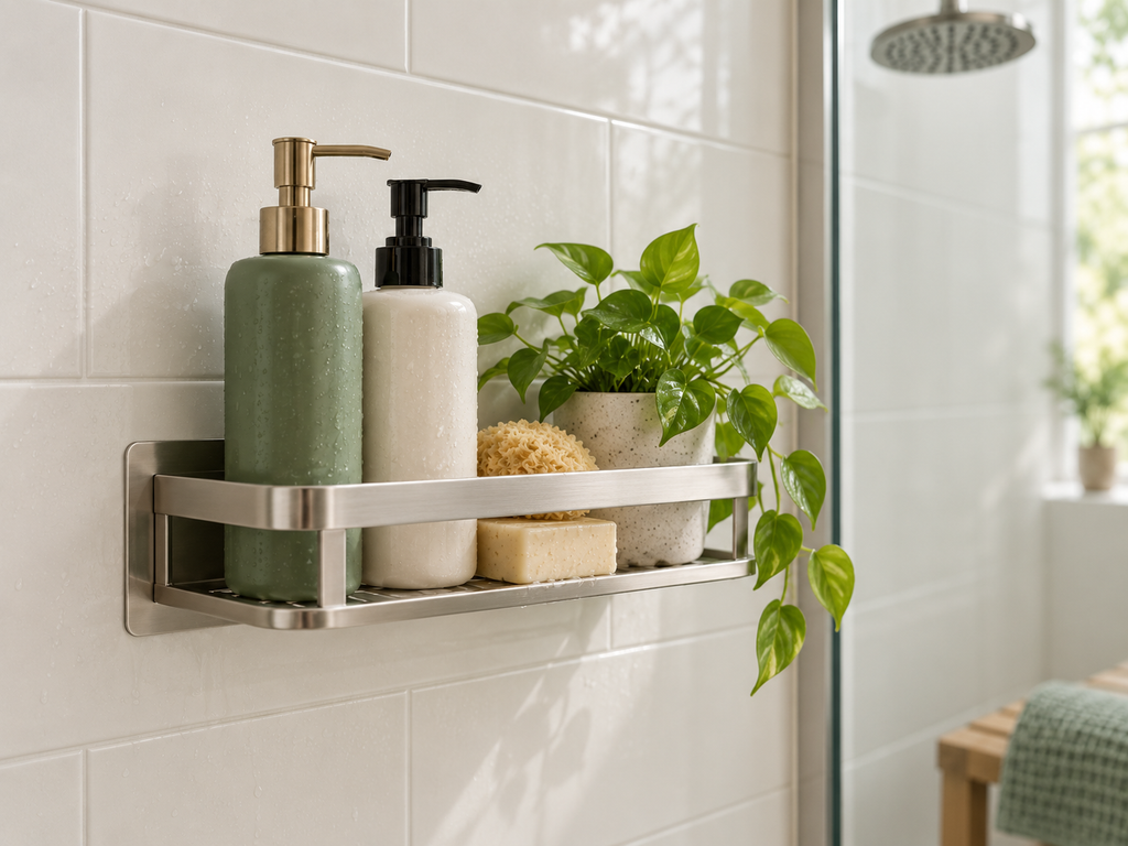 Smooth tile, glass, grout lines, and textured shower surfaces illustrating suitability for no-drill shower shelves