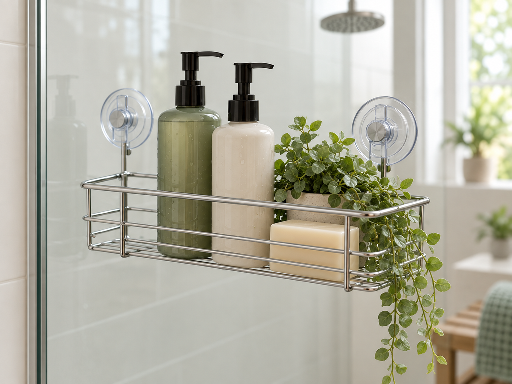 Suction-cup shower shelf attached to smooth glass with visible suction mounts and bathroom toiletries
