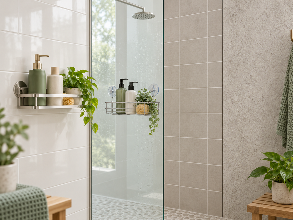 Adhesive shower shelf mounted on smooth bathroom tile with toiletries for renter-friendly no-drill storage