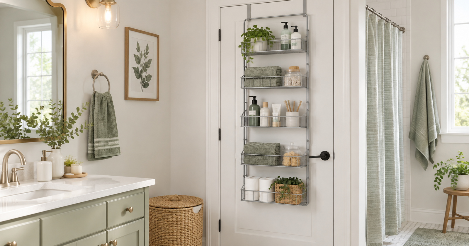 Over-the-door bathroom storage organizer with towels and toiletries in a small renter-friendly bathroom