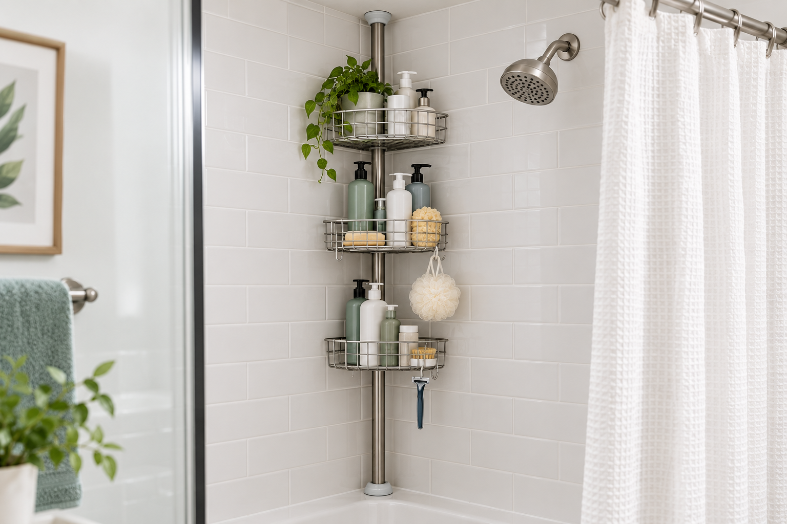 Tension shower caddy for renters installed in a small rental bathroom shower with organized toiletries