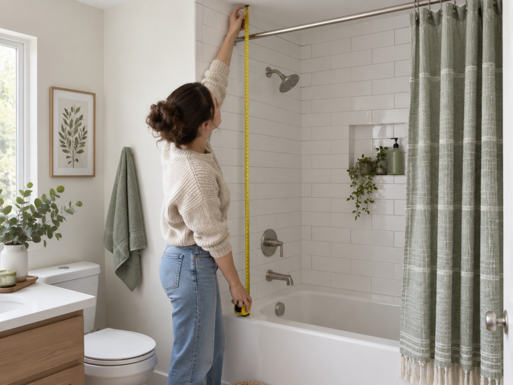 Measuring shower height before installing a tension shower caddy in a rental bathroom
