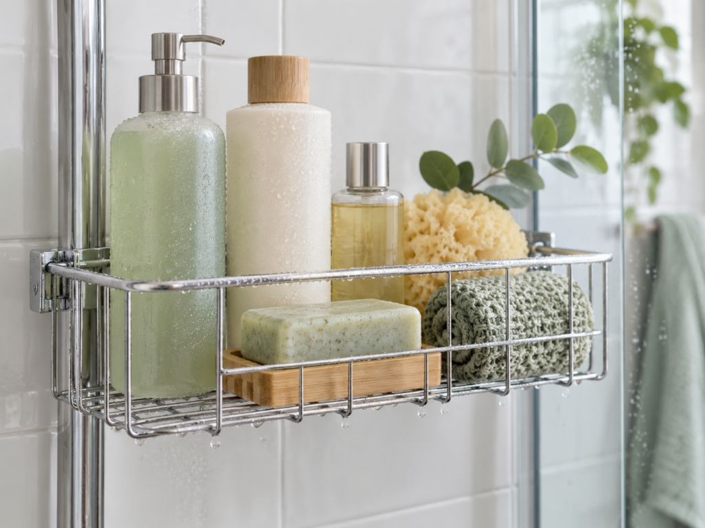 Wire tension shower caddy shelf holding toiletries with open drainage and visible water droplets