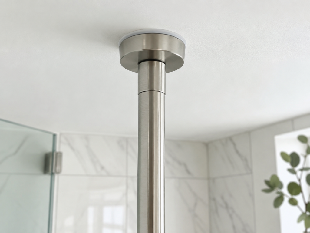 Close-up of a tension shower caddy pole pressing against the bathroom ceiling