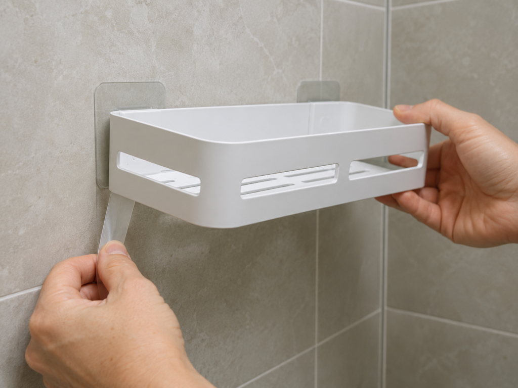 Person carefully removing an adhesive shower shelf from bathroom tile