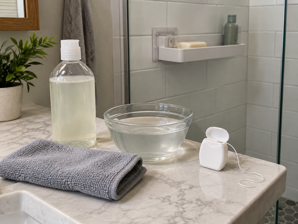 Soft cloth, water and basic cleaning supplies prepared for adhesive shower shelf removal