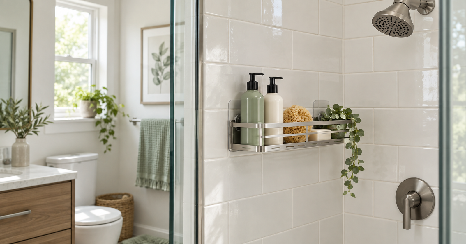 Adhesive shower shelf mounted on bathroom tile in a clean rental bathroom