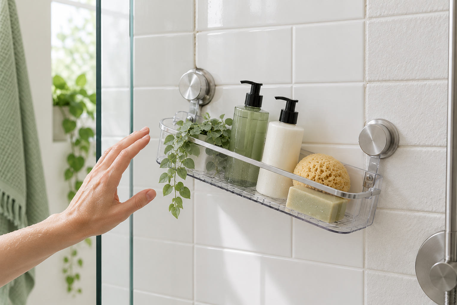 Suction cup shower shelf tilting on bathroom tile after losing its grip