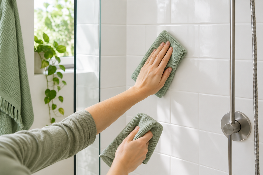 Hand cleaning smooth shower tile before reinstalling a suction cup shower shelf