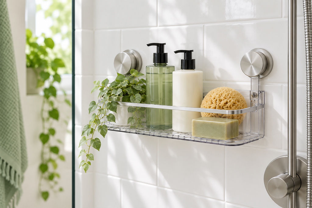 Suction cup shower shelf mounted flat against smooth bathroom tile with toiletries