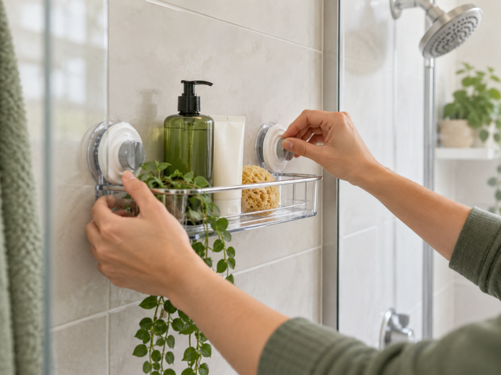 Hands securing a suction cup shower shelf against smooth bathroom tile