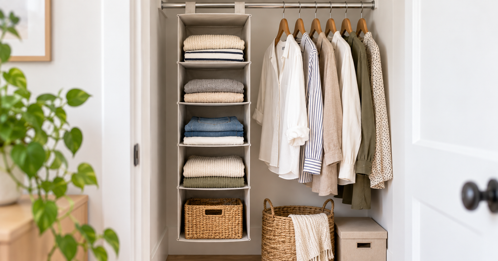 Hanging closet organizer with folded clothes beside garments in a small rental closet