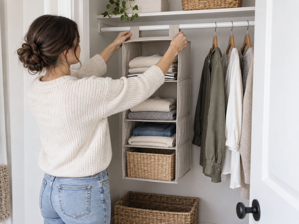 Person attaching a fabric hanging closet organizer to a closet rod
