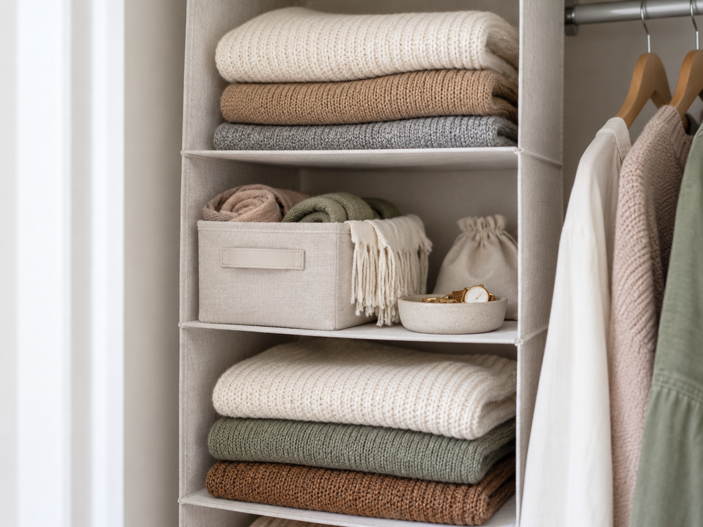Fabric hanging closet organizer with folded clothes, a storage bin, scarves, and accessories in different compartments