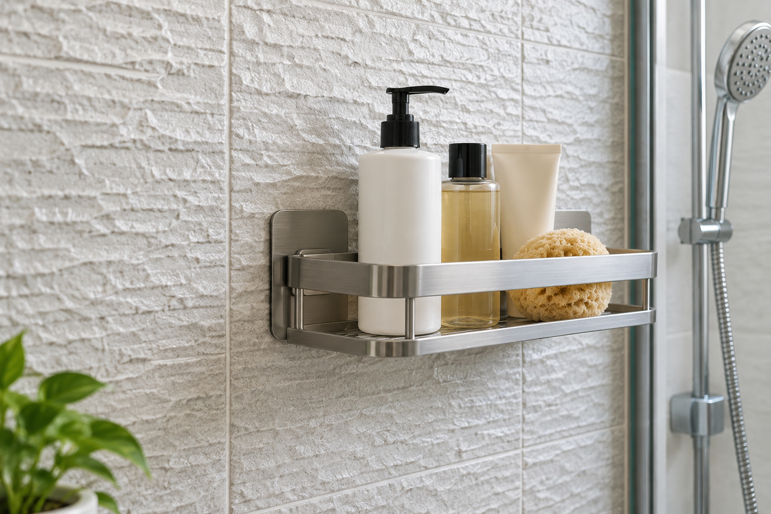 Adhesive shower shelf on textured tile in a bathroom