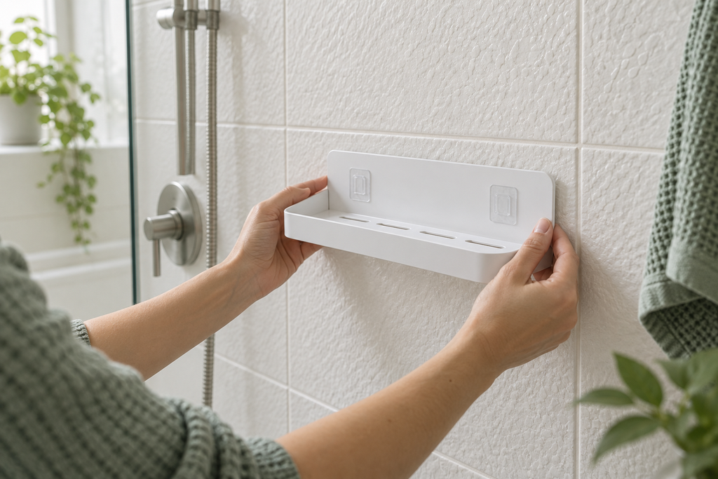 Adhesive shower shelf held against textured bathroom tile to check mounting contact