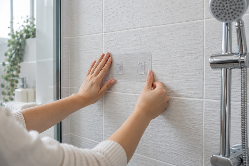 Clear adhesive mounting pad held against textured shower tile to check whether it sits flat