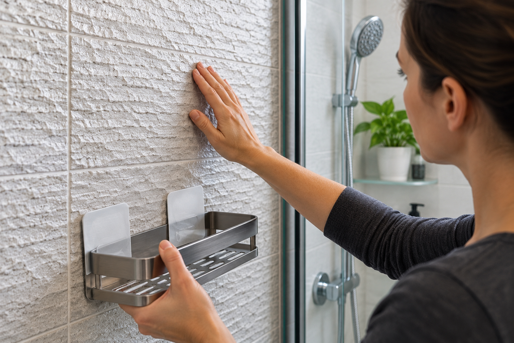 Person examining textured shower tile before installing an adhesive shower shelf