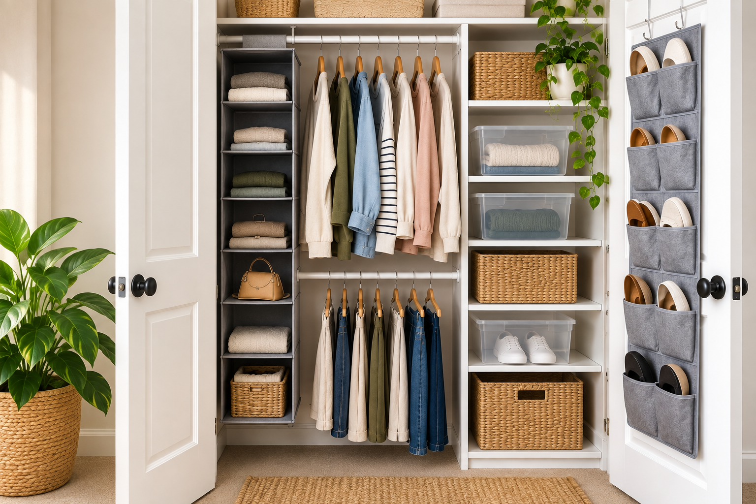 Closet storage without drilling in an organized rental closet