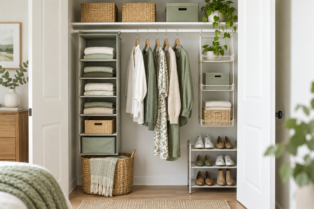 Organized rental closet with hanging storage, shelves, baskets, bins, and shoe storage
