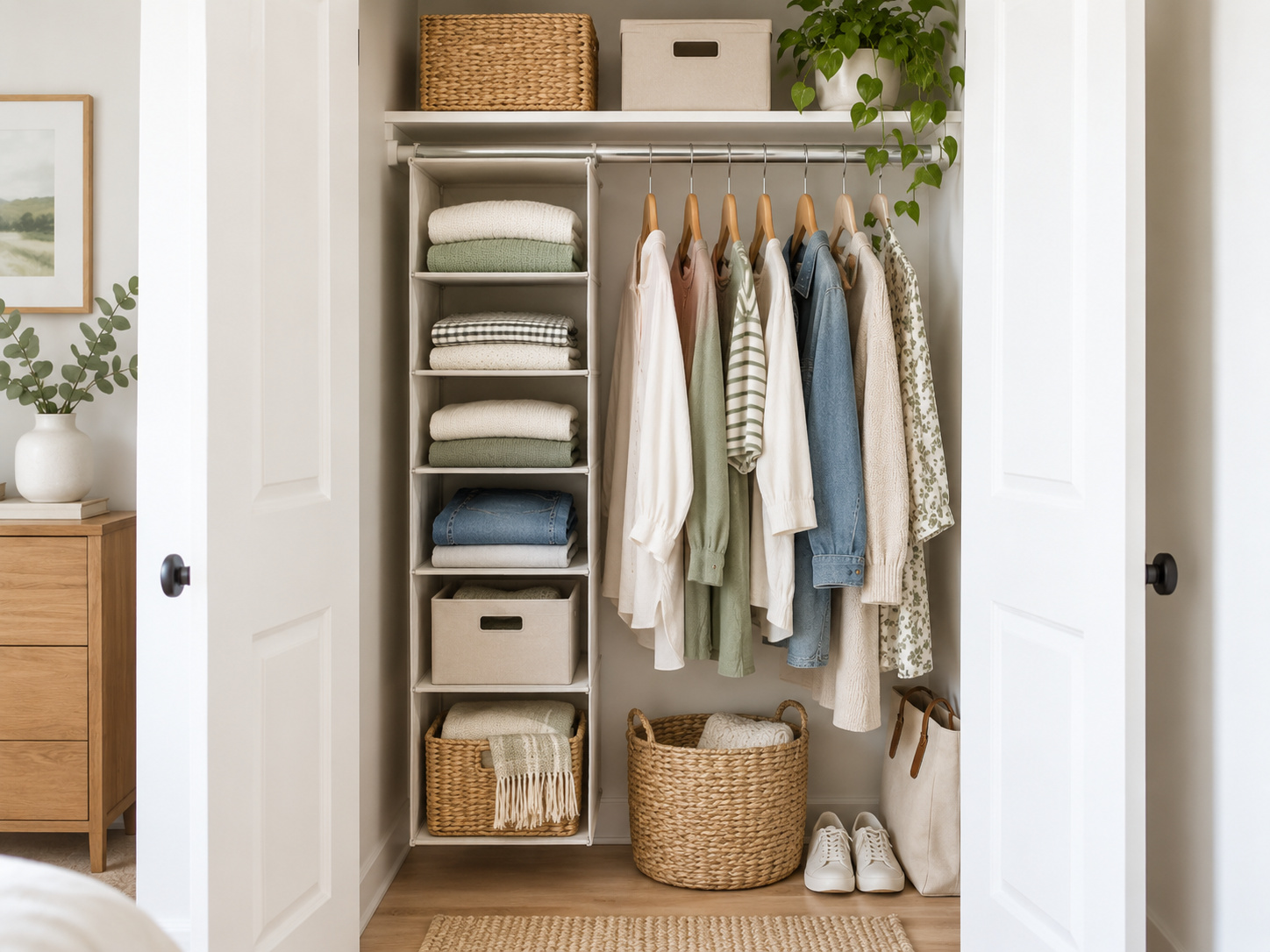 Baskets and shoe storage arranged beneath hanging clothes in a small rental closet