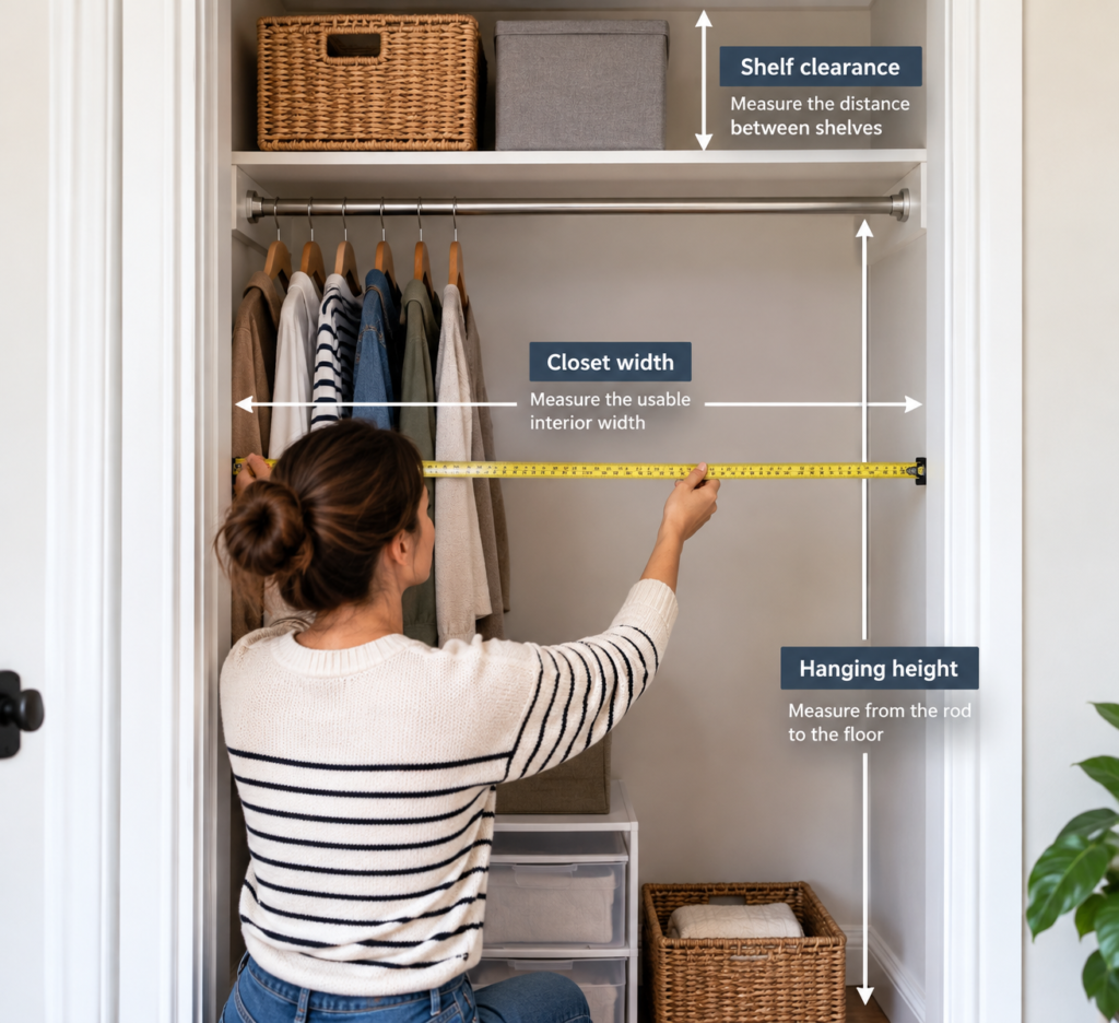 Person measuring closet width, shelf clearance, and hanging height inside a small rental closet