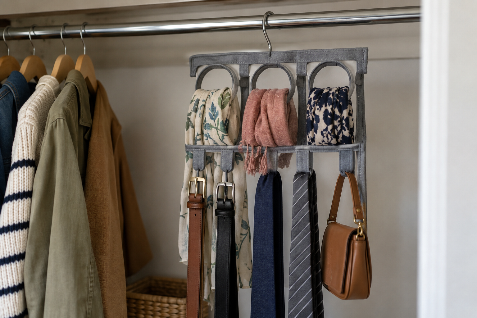 Scarves, belts, and lightweight accessories arranged in a hanging accessory organizer
