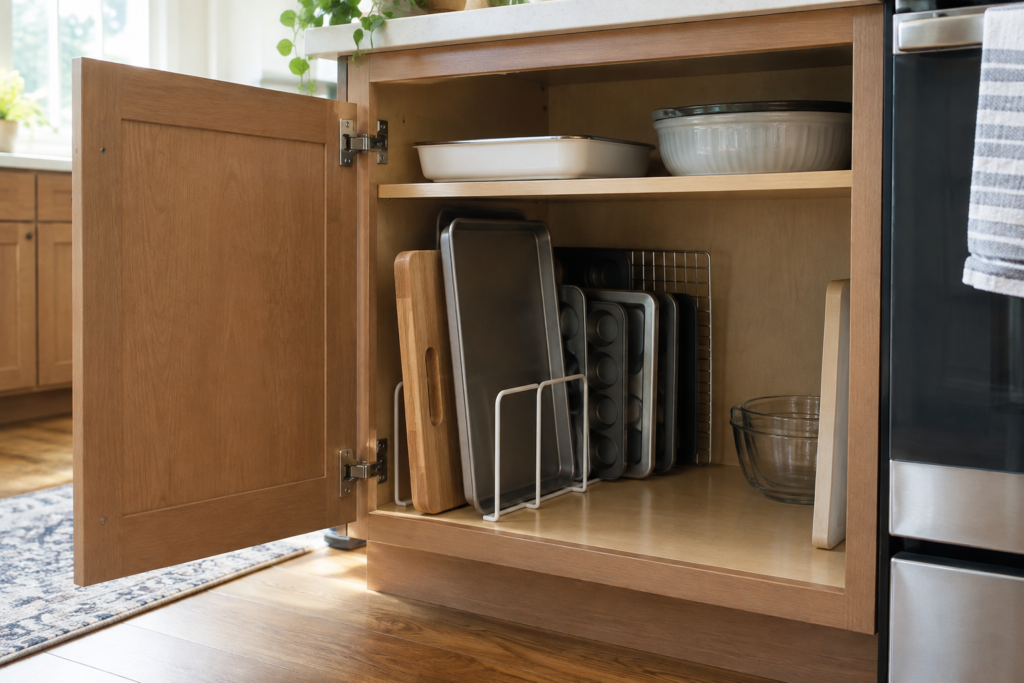 Baking sheets and cutting boards organized with everyday pieces in easy-access slots and occasional items in secondary storage