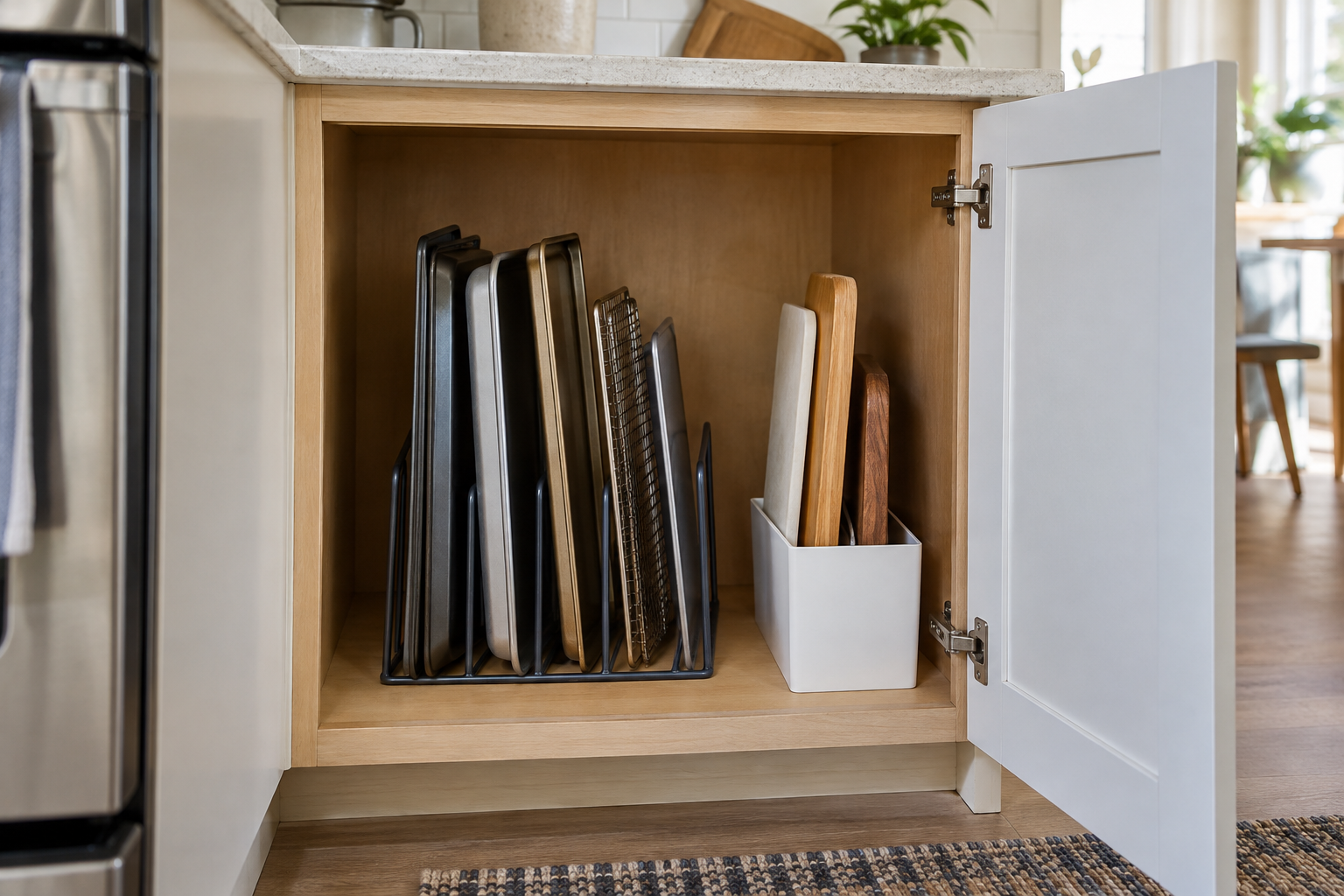 Baking sheet storage for renters using a freestanding vertical organizer for trays and cutting boards in a rental kitchen