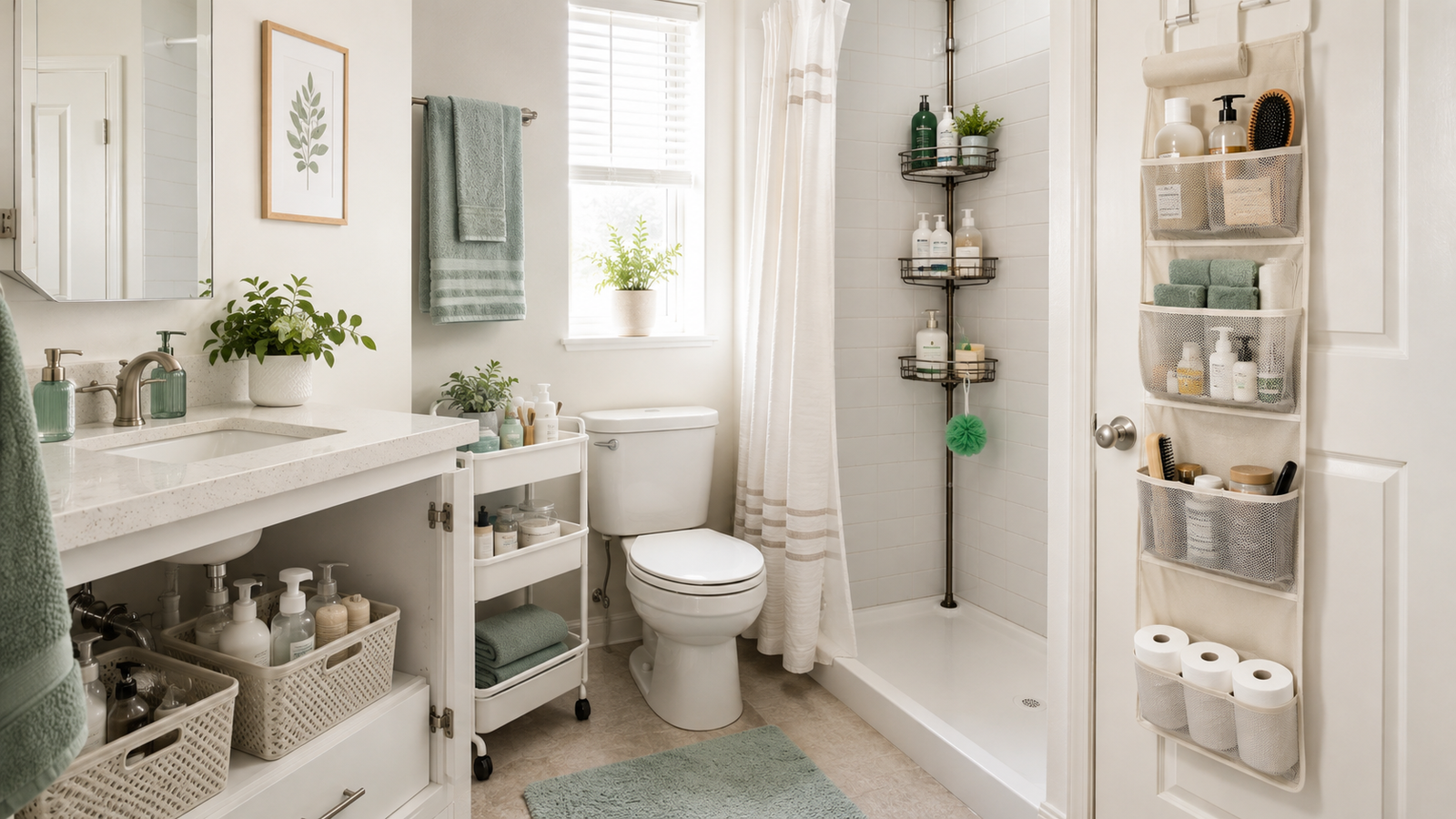 Renter-friendly bathroom storage ideas without drilling in a small apartment bathroom