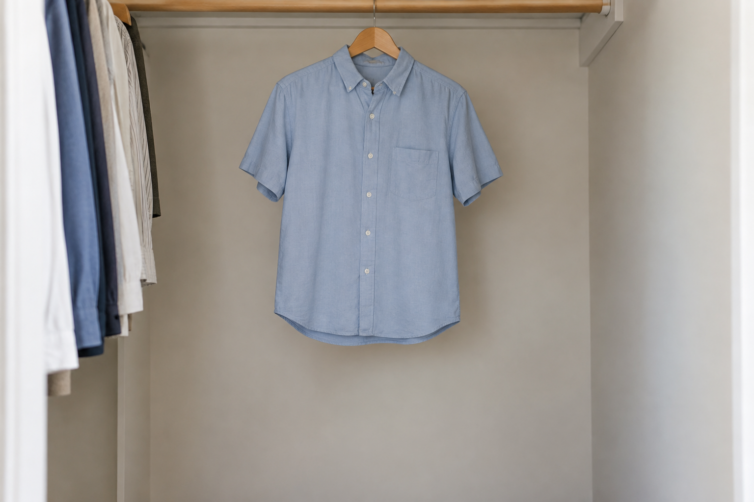 Short hanging shirt with space below for planning a second closet rod