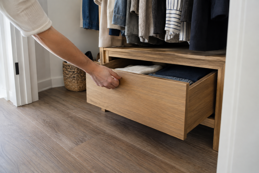 Low closet drawer opening beneath hanging clothes with clear retrieval space