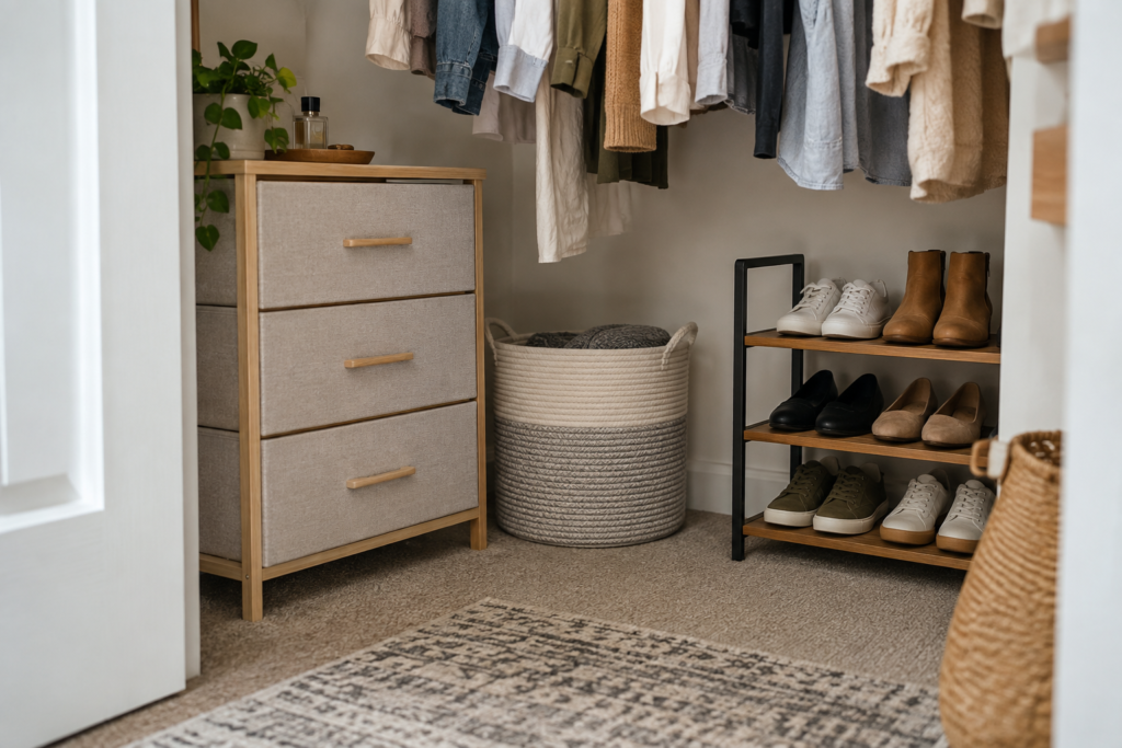 Low drawers, storage bin, and shoe rack arranged below hanging clothes in a rental closet