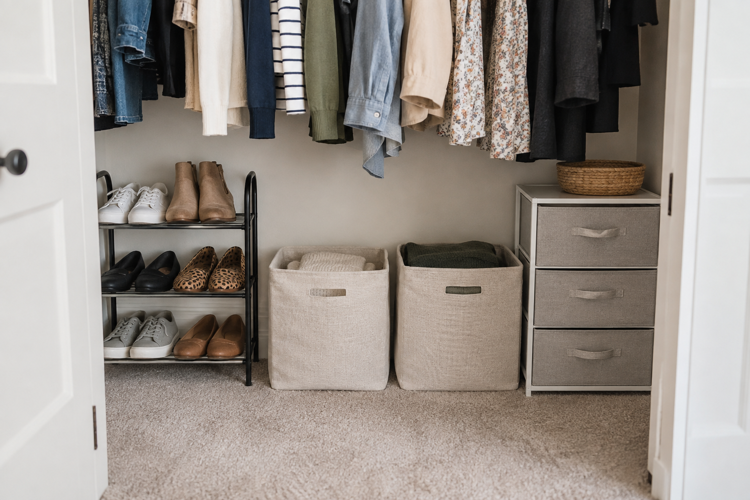 Closet floor storage with bins, drawers, and a shoe rack below hanging clothes